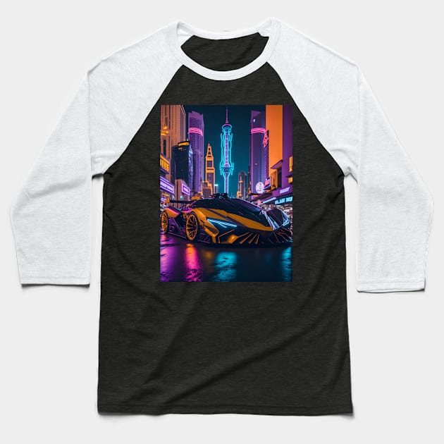 Dark Neon Sports Car in Japanese Neon City Baseball T-Shirt by star trek fanart and more